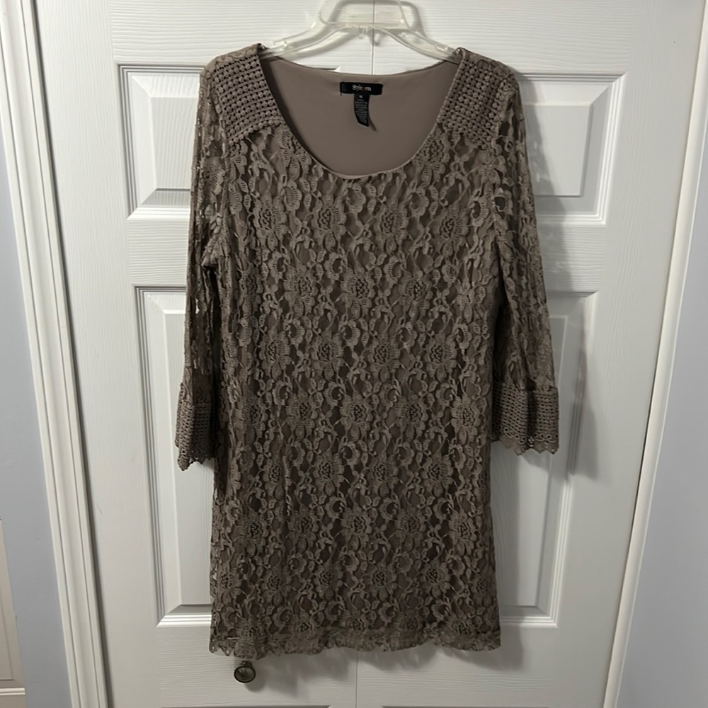 Style & Co. Taupe lace bell sleeve dress